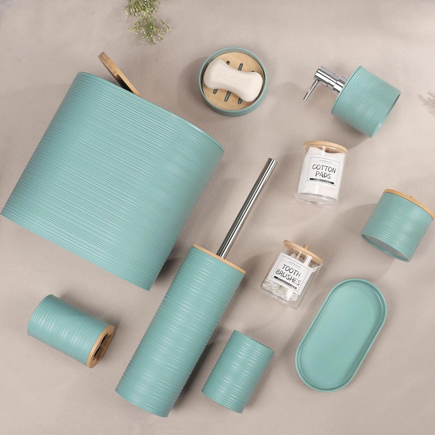 IMAVO Bathroom Accessory Set-11Pcs Blue Bathroom Accessories Set with Trash Can,Soap Dispenser,Soap Dish,Toothbrush Holder,Toothbrush Cup,Toilet Brush Holder,Qtip Holder Dispenser with Labels