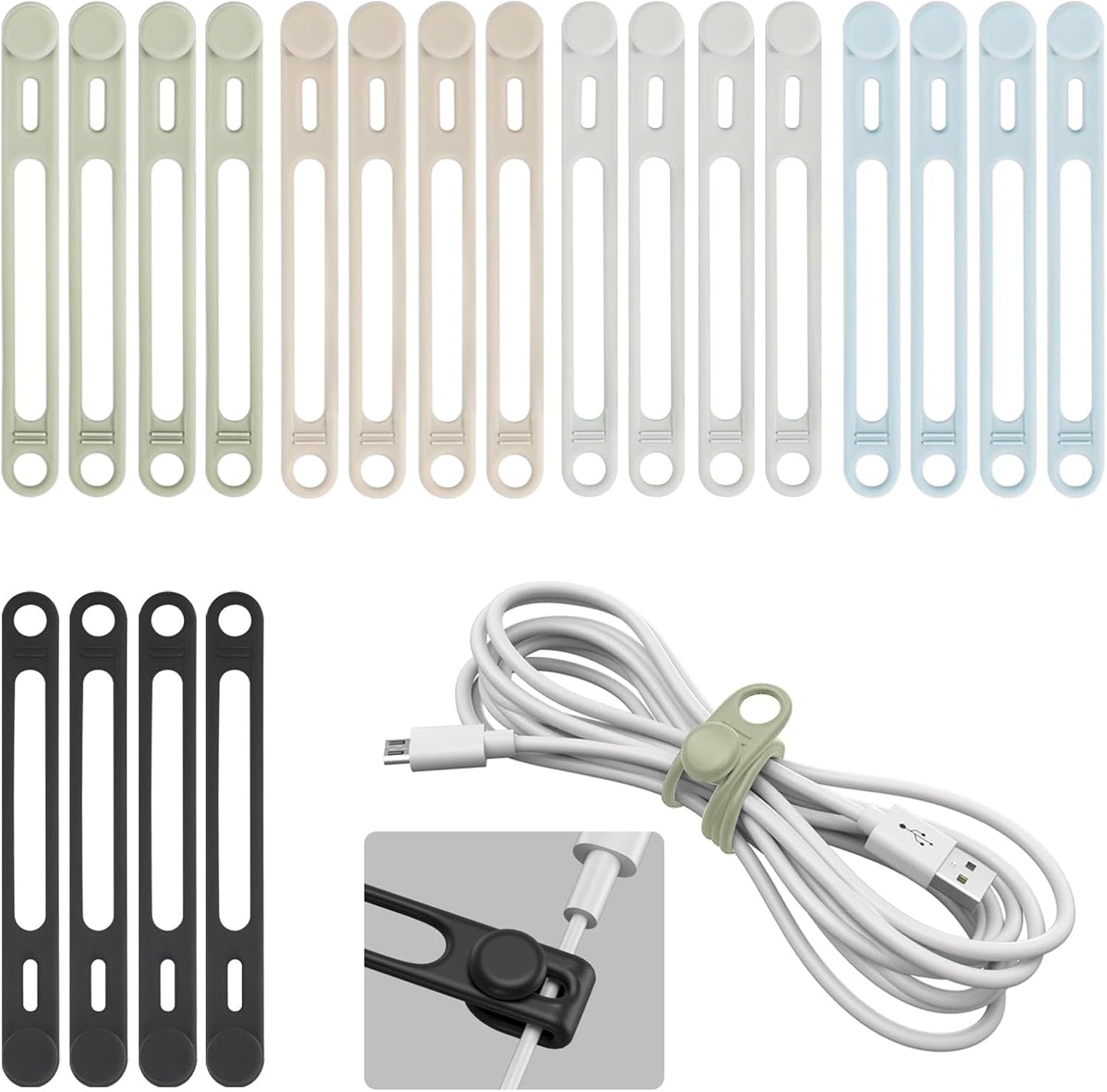 20-Pack Cable Ties Silicone, Kanemc Reusable Cord Ties Wire Organizers Cord Wraps Electrical Cable Holder For Bundling Earphone, Phone Charger, Laptop Computer Cords (5 Colors)