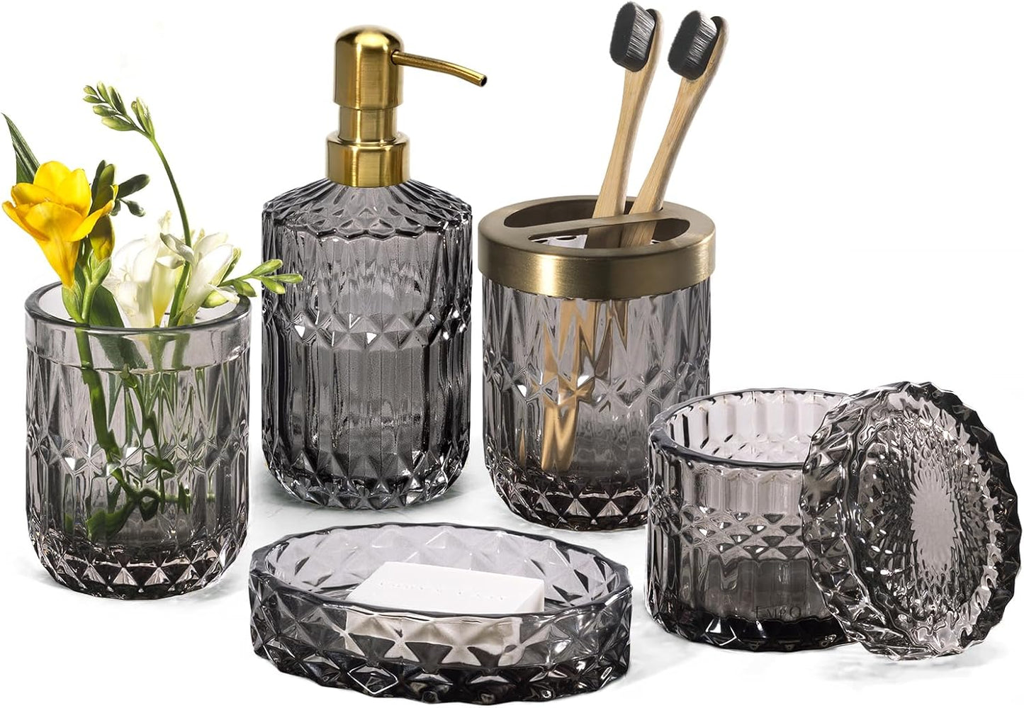 EMPO 6PCS Bathroom Clear Glass Accessories Set (Lotion Soap Dispenser, Soap Dish, Toothbrush Holder, Tumbler, Cotton Swab Jar) Contemporary Modern Decor Crystal Clear Vintage Gift (6pcs Gray)