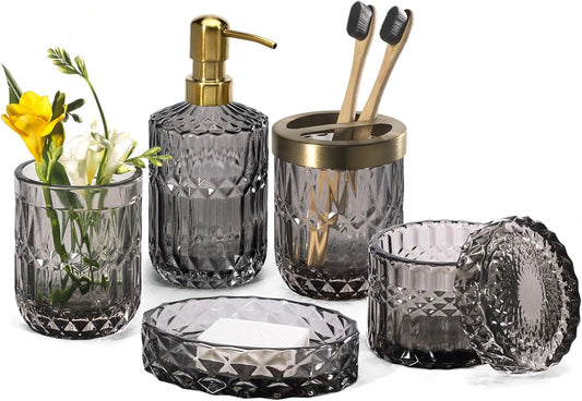 EMPO 6PCS Bathroom Clear Glass Accessories Set (Lotion Soap Dispenser, Soap Dish, Toothbrush Holder, Tumbler, Cotton Swab Jar) Contemporary Modern Decor Crystal Clear Vintage Gift (6pcs Gray)