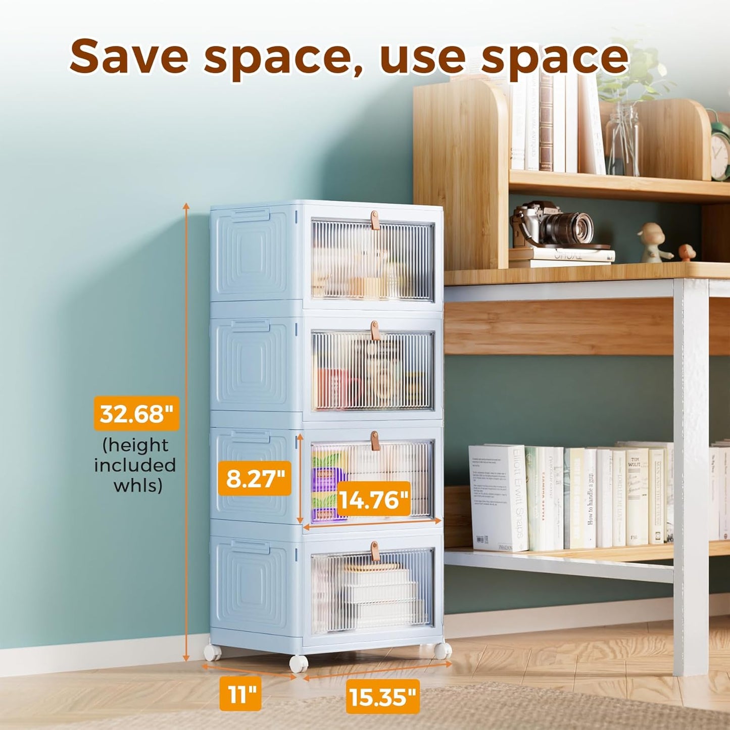 4 Tier Stackable Plastic Storage Bins with Lid and Wheels - 23 QT Closet Organizers and Storage, Foldable Storage Containers, Organization and Storage Boxes for Craft, Home, Pantry, Dorm, Blue