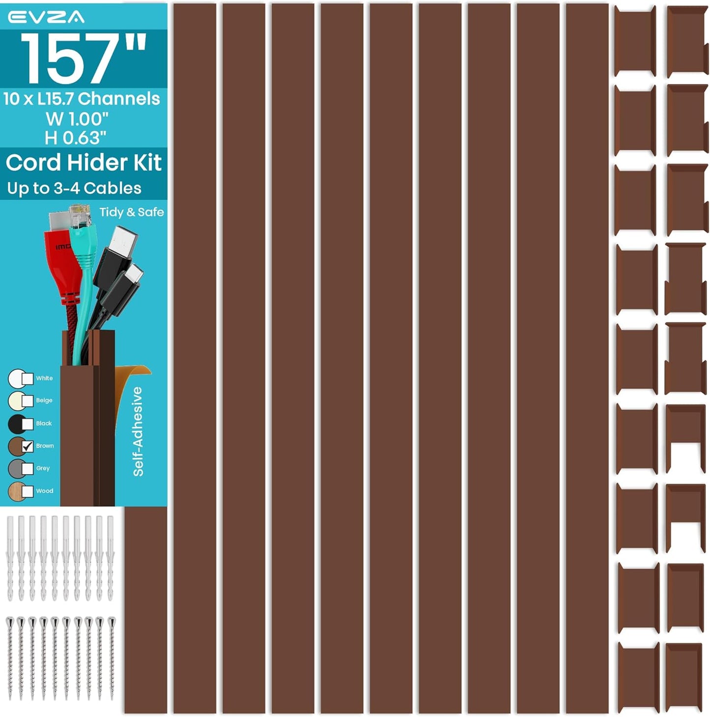 Brown Channel Kit Hide Wires - 157in Cord Concealer, Hide Along Walls, Extension Cord Safety Cover, TV Wall Wire Hiders