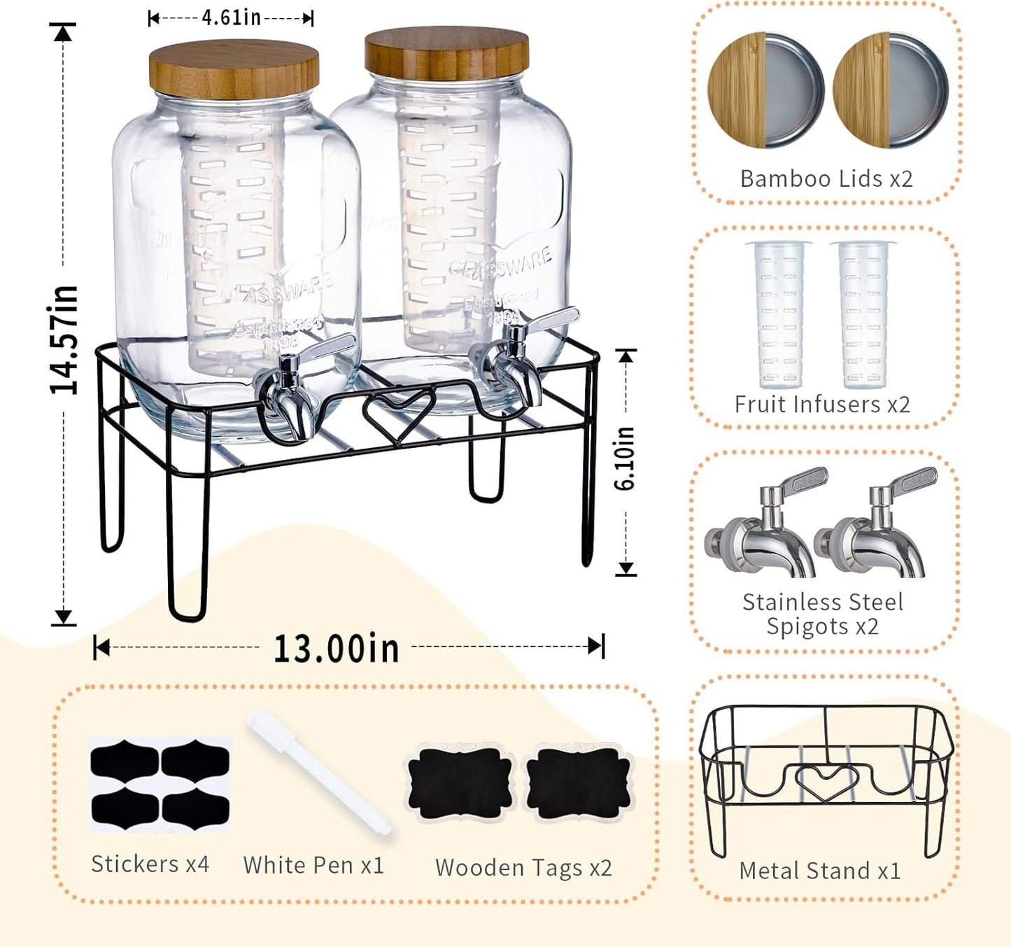 2 Pack1Gallon Glass Drink Dispensers with Stand&Bamboo Lids&Fruit Infuser,304 Stainless Steel Leak-Proof Spigot,Beverage Dispenser for Parties,Water Sangria Juice Sun Tea Lemonade(Natural)