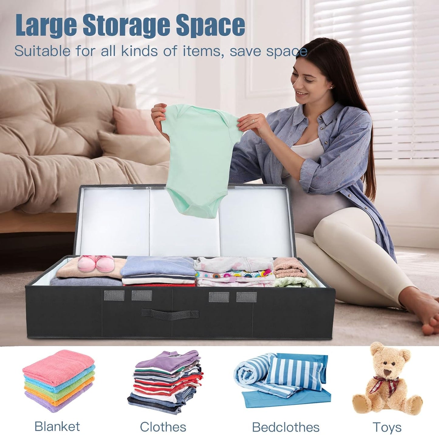 Underbed Storage Containers Bin with Lids (Set of 2) Large Under Bed Storage Organizer Box with Handle, Foldable Under the Storage Bags for Organizing Clothes, Shoes, Blankets, Pillows-Black