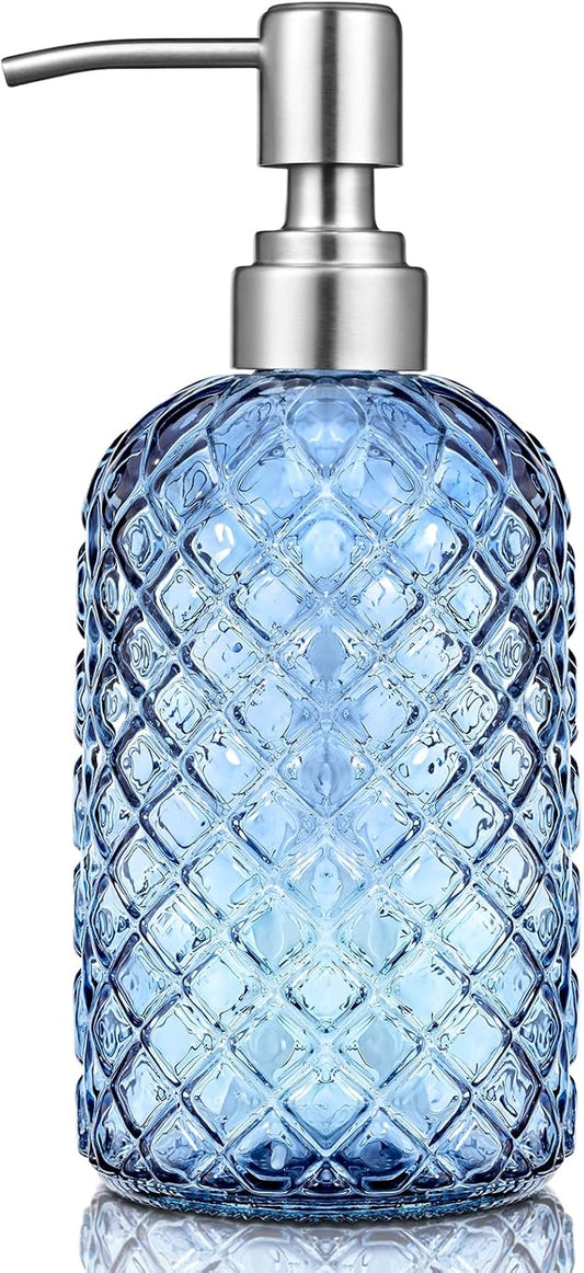 Blue Glass Soap Dispenser Gem Patterned with 304 Stainless Steel Pump 18 oz for Kitchen Dish Soap and Bathroom Hand Soap Bottle