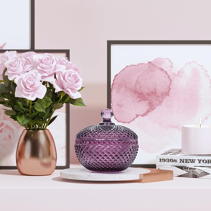 Joeyan 12 oz Small Dark Purple Glass Jars with Lid,Embossed Candy Dishes,Diamond Faceted Food Container,Decorative Jewelry Box Apothecary Canisters,Colored Kitchen Bathroom Buffet Storage Organizer