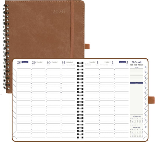 POPRUN 2026 Weekly Planner 30-Mintue (Medium 7'' x 8.5'') - From Jan 2026 to Dec 2026 - Two Pages Per Week Appointment Book with Monthly Tabs, Softcover, Inner Pocket, Pen Holder - Brown