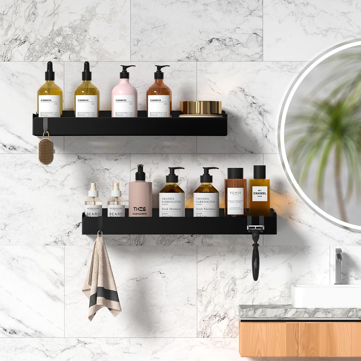 Shower Caddy Black,40cm Adhesive Shower Shelve with Large Capacity, Quick-Dry Metal Bathroom Shelves with 8 Hooks, 2 Pack Drill-Free Rustproof Durable Shower Organizers Rack