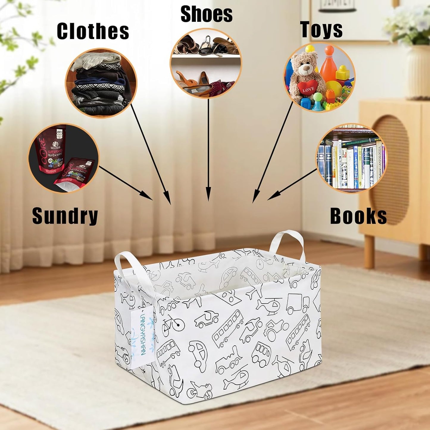 LANGYASHAN Rectangular Storage Bin Collapse Canvas Fabric Cartoon Storage Basket with Handles for Organizing Home Kitchen Boys and Girls Toys Office Closet Shelf Baskets (Rec Vehicle)