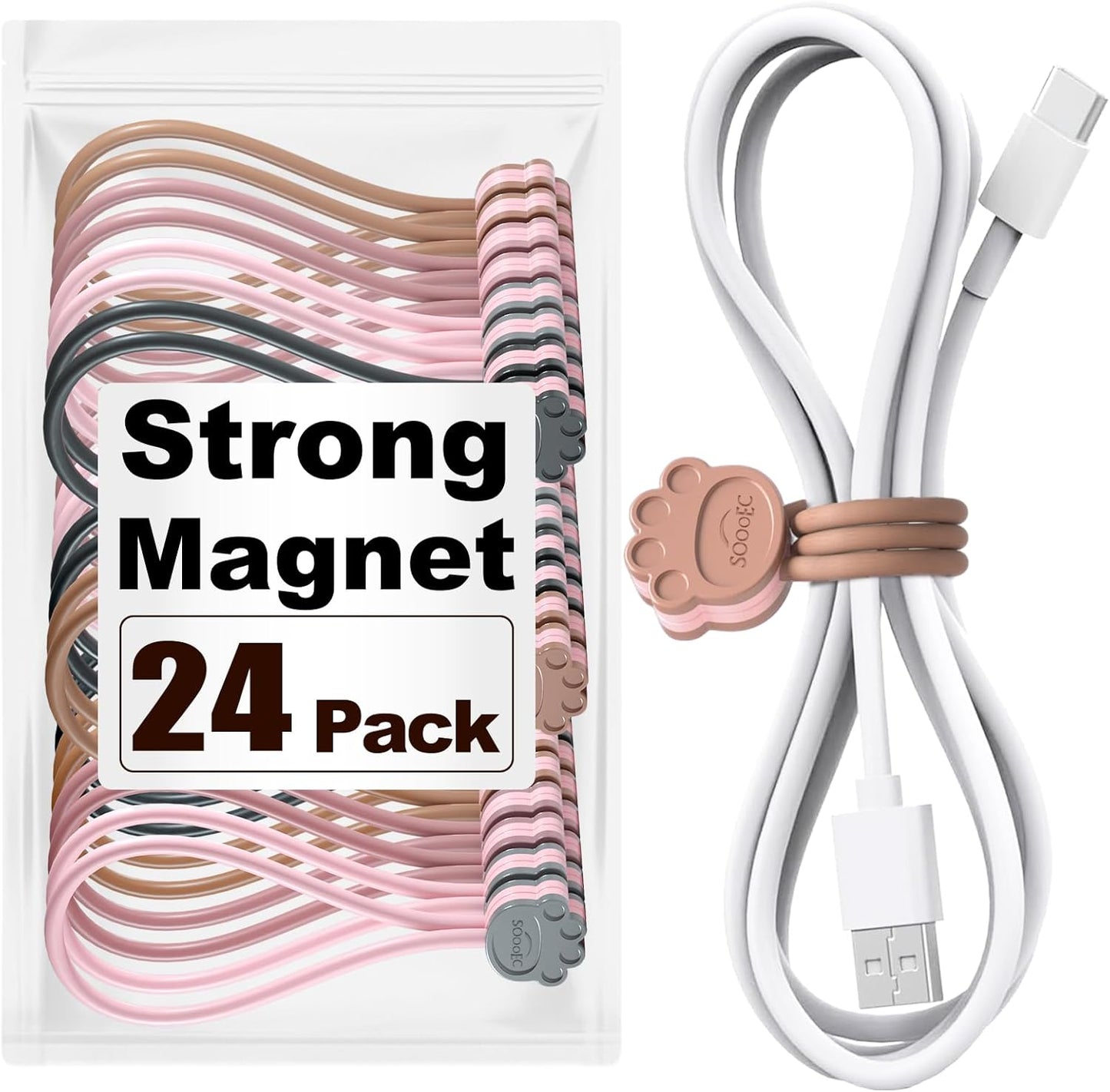 SOOOEC Cute Cat Paw Magnetic Cable Ties – 24 Pack, Reusable Silicone Cord Organizers for Home & Office, Strong Magnetic Hold, Double-Sided Colors, Perfect for Cable Management and Gift Idea
