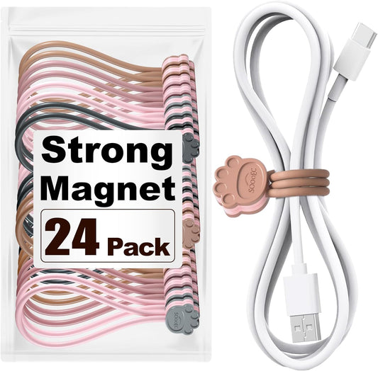 SOOOEC Cute Cat Paw Magnetic Cable Ties – 24 Pack, Reusable Silicone Cord Organizers for Home & Office, Strong Magnetic Hold, Double-Sided Colors, Perfect for Cable Management and Gift Idea