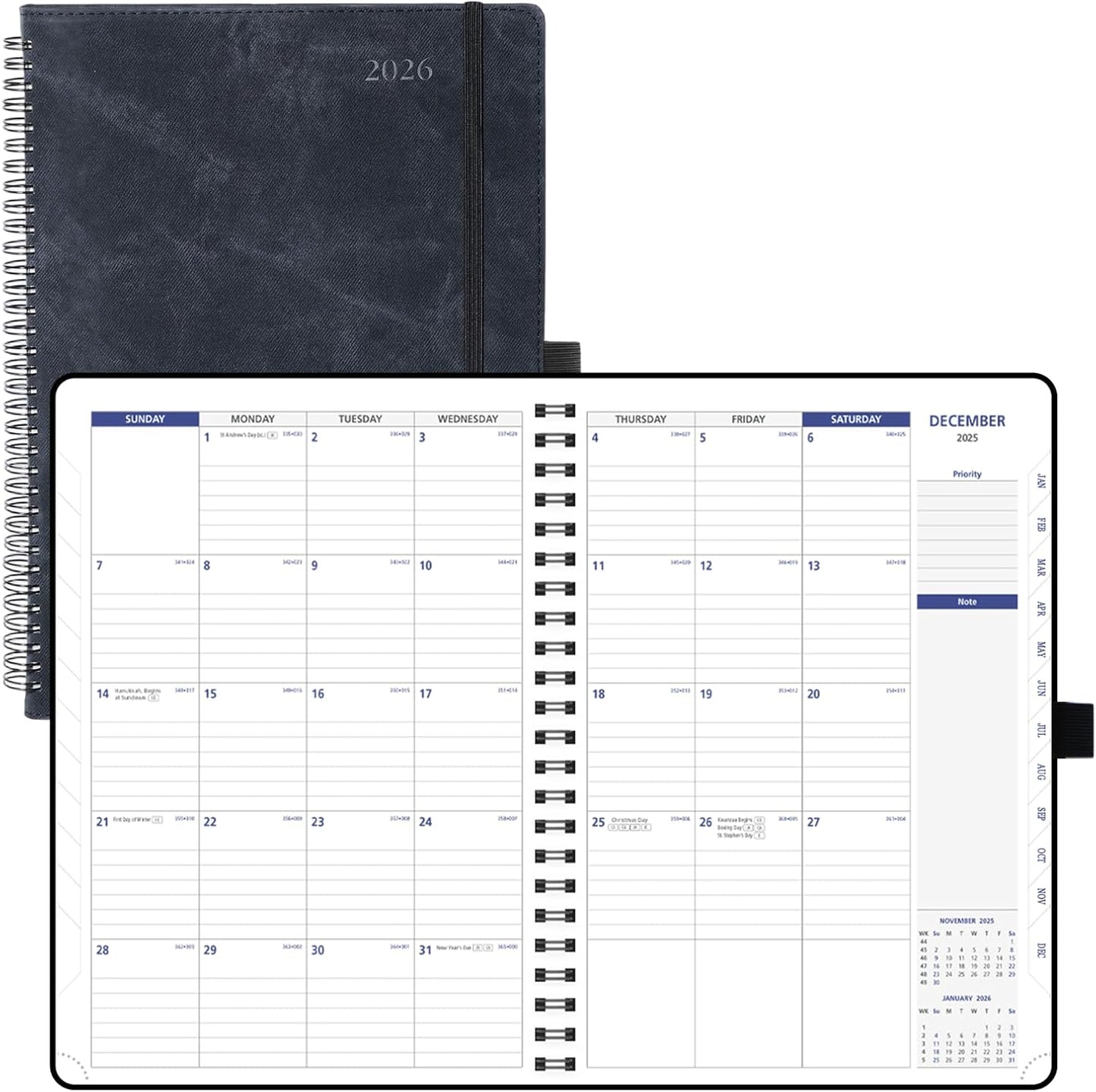 POPRUN 2026-2027 Monthly Planner A4 Size, 16 Months Calendar (Dec 2025-Mar 2027), 2 Pages per Month with Dotted & Lined Note, Monthly Tabs, Spiral Softcover, 2 Inner Pockets - Black