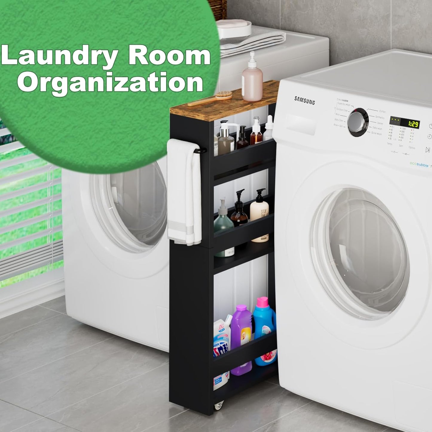 MARTY Rolling Storage Cart 4-Tier Black Kitchen Cart with Wheels, Slim Storage Cart with Handle Slide Out Utility Cart Shelving Unit Organizer Trolley for Laundry Narrow Places Bathroom Small Corner