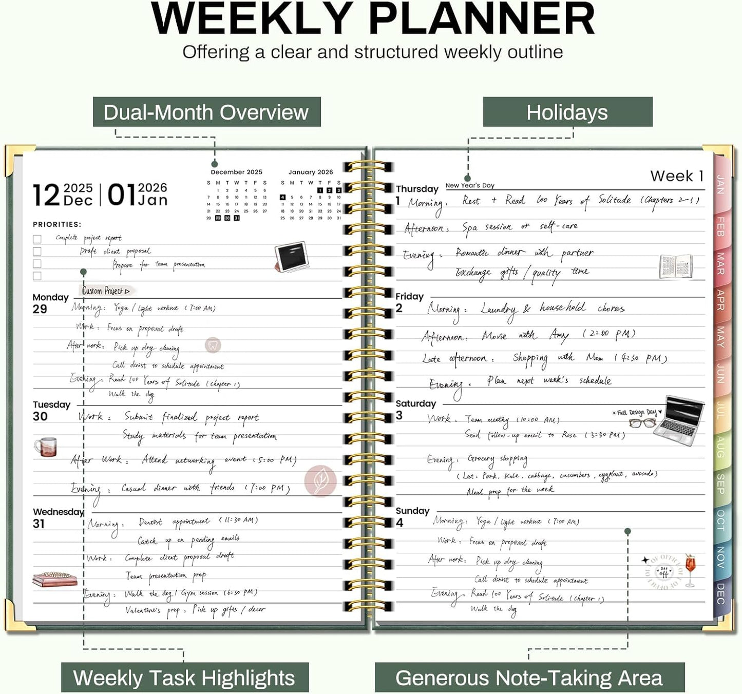 2026 Planner Weekly and Monthly Hardcover Leather Planner with Tabs 53 Weeks Schedule 8.5" x 11" Planners with Stickers for Women Yearly Agenda with Inner Pocket, Green(Tree of Life)