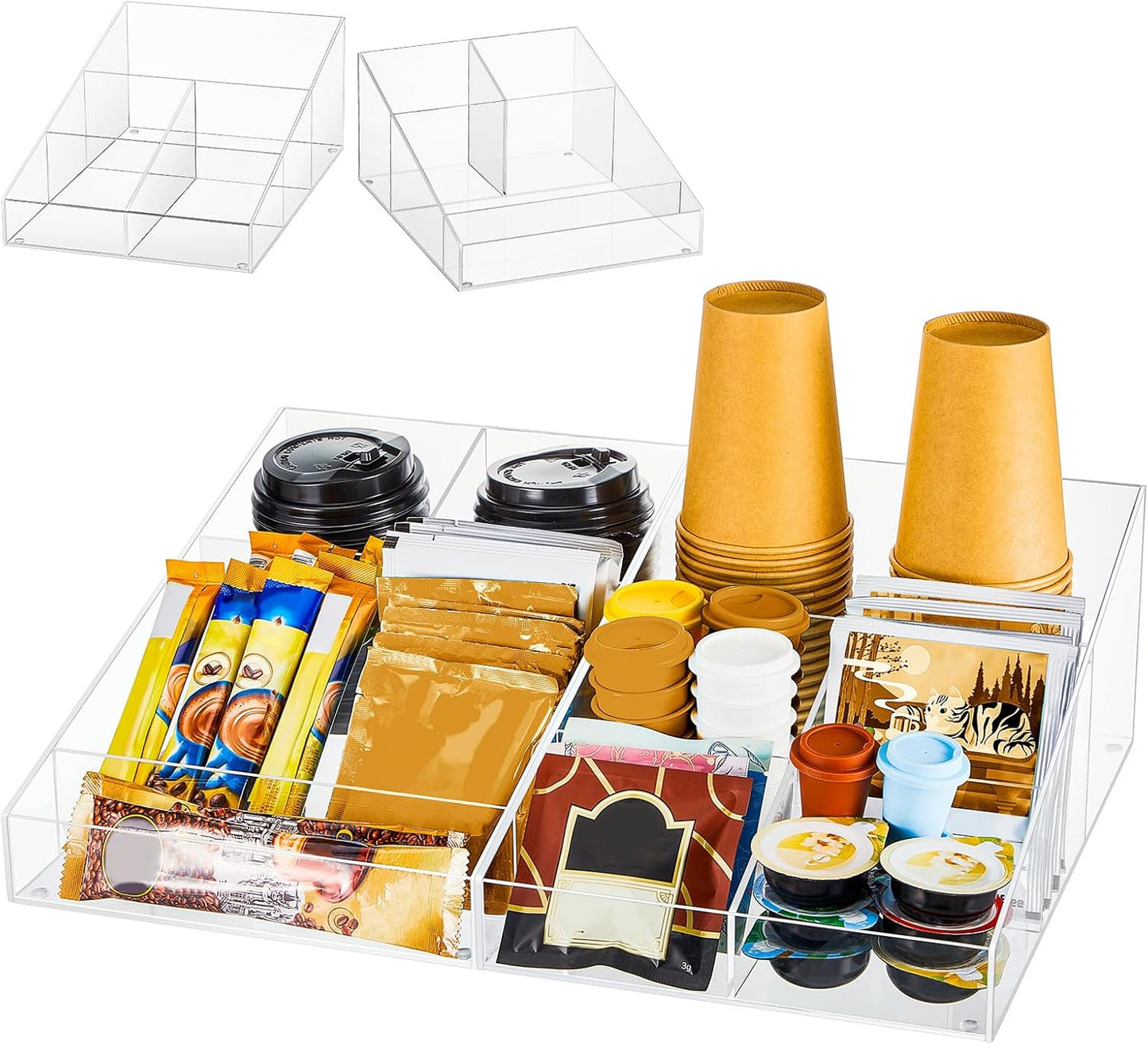 2 Pcs Acrylic Coffee Station Organizer for Countertop and Tea Condiment Storage with 9 Compartments Totally Bar Accessories for Home Office Breakroom, 2 in 1 Design