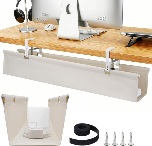 SHUWEI No Drill Under Desk Cable Management Tray, 36" Premium Fabric Cord Organizer for Desk, Clamp/Screw Mount Cable Organizer for Office and Home (Off White, 36" L)