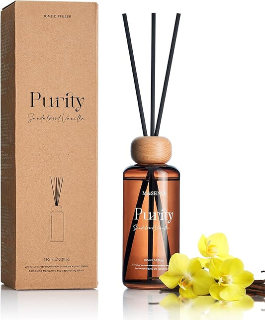 M&SENSE Sandalwood Vanilla Reed Diffuser Set: 6.3 fl oz Non-Toxic Aroma Set with Sticks, Light & Subtle Fragrance, Long-Lasting Natural Essential Oil Gifts for Bedroom, Shelf Decor & Small Spaces