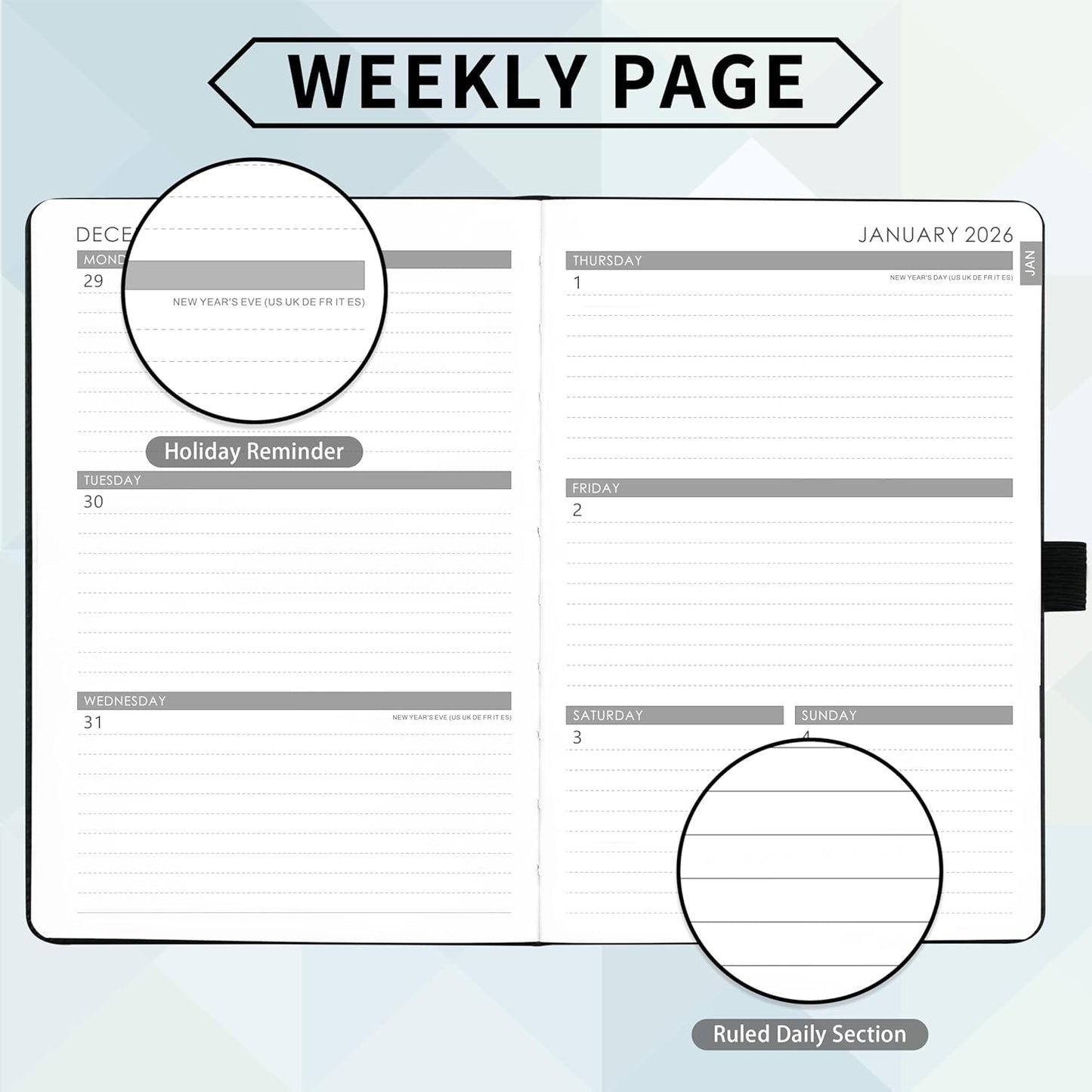 2026 Planner - Planner 2026, 2026 Weekly Monthly Planner, Jan.2026 - Dec.2026, 5.7'' x 8.4'', Thick Paper, Leather Cover, Pen Holder, Back Pocket, Bookmarks, Perfect Daily Organizer - Black