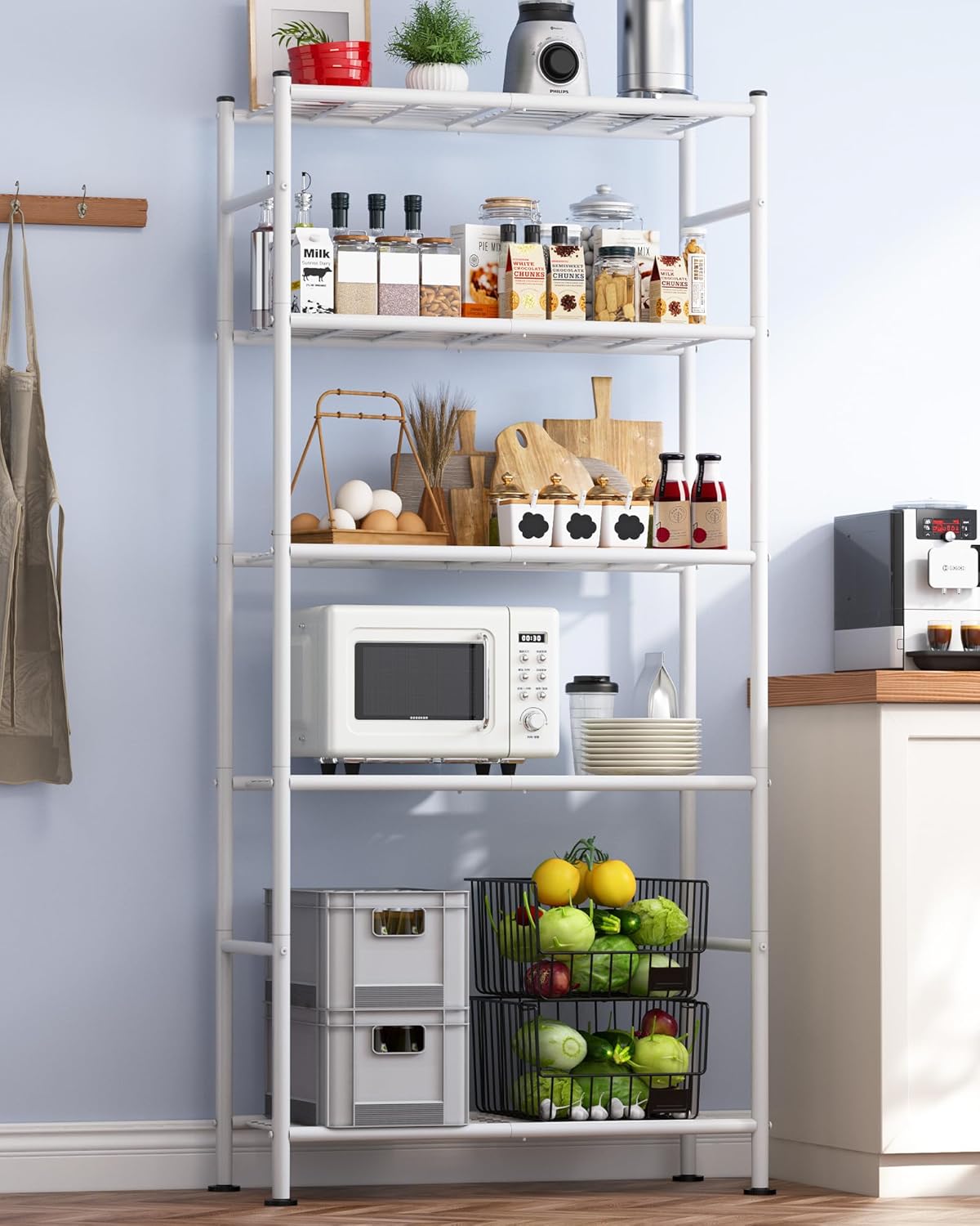 Storage Shelves - 5 Tier Shelf Organizer, Heavy Duty Garage Shelving Unit with Leveling Feet, Stable Metal Shelves Organizer for Pantry, Kitchen and Closet, 33.0" W x 12.6" D x 72.0" H, White