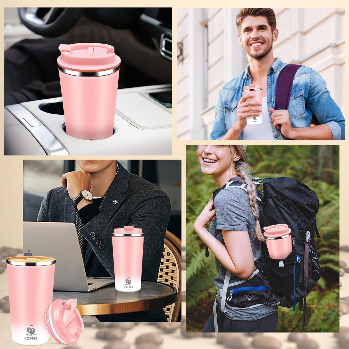 Insulated Travel Coffee Mug Reusable Coffee Tumbler Cup with Flip Lid Leak Proof Spill Proof for Office School Party Camping Hot and Cold Drink,Stainless Steel 17oz (Pink)
