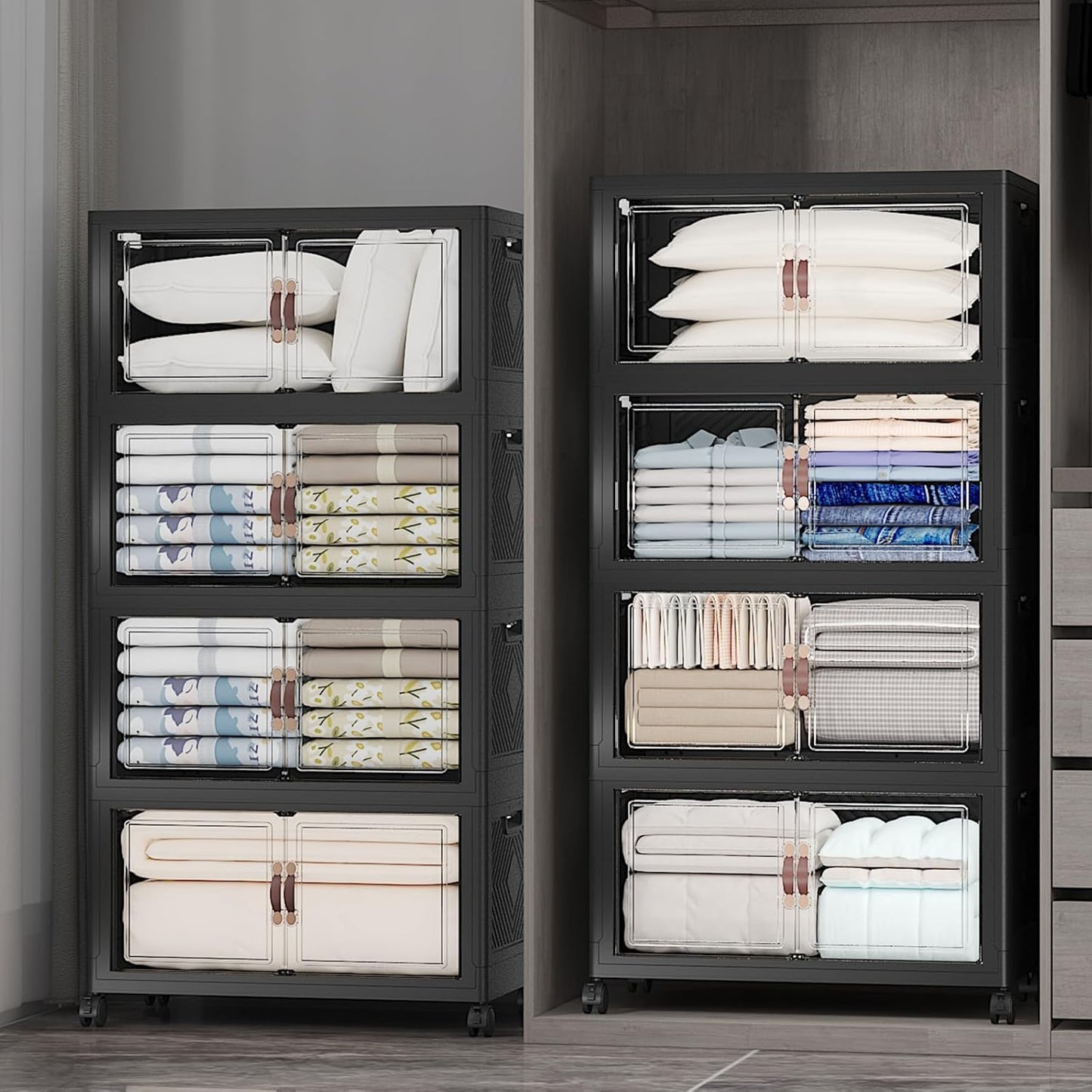 Extra Large Stackable Storage Bins with Lids & Wheels & Door, 1280QT-160QT/40GAL*8Pack Foldable Collapsible Closet Organizers, Plastic containers drawers for bedroom Dorm