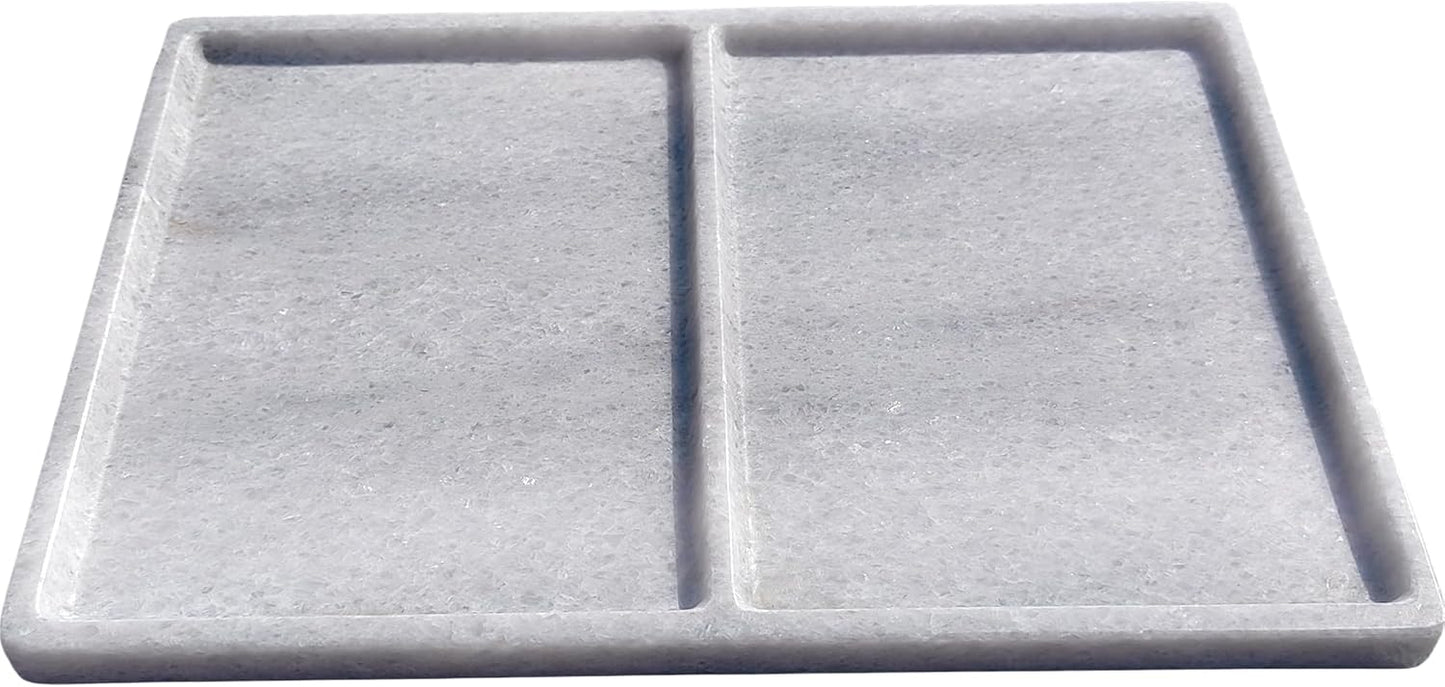 10"x8" Natural Marble Decorative Tray – Dual‑Compartment Stone Vanity Organizer for Jewelry, Keys & Soap – Premium Heat‑Resistant Bathroom Decor Gift(Belken White)