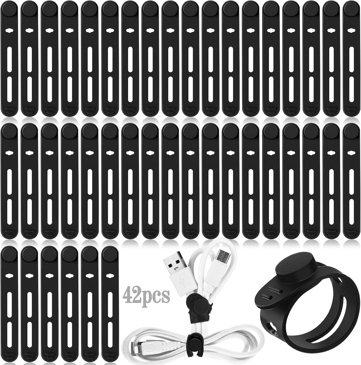 42 Pcs Silicone Cable Ties Reusable Cord Straps Multipurpose Elastic Cable Organizer for Bundling Fastening Earphone Phone Charger Home Office School(Black,3.15 Inch)