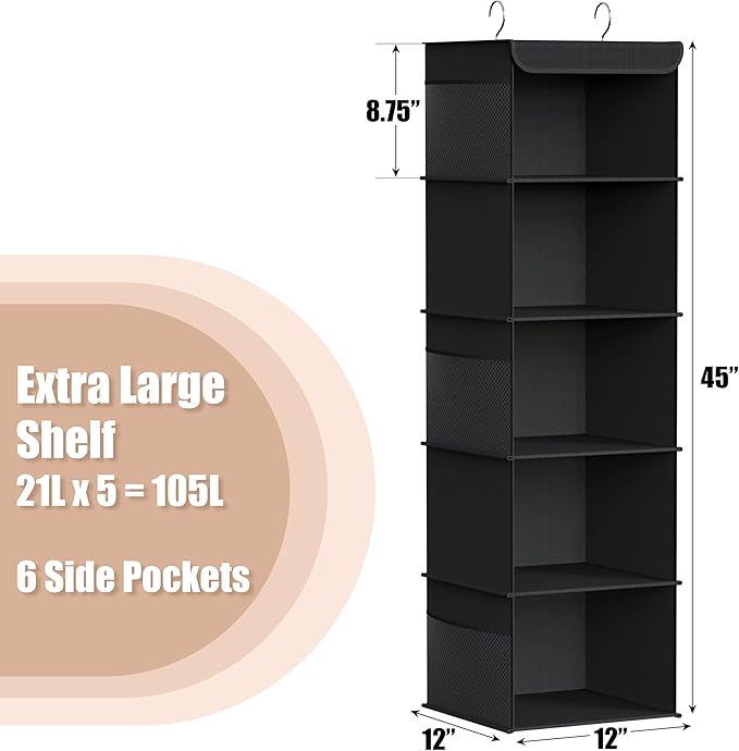 Simple Houseware 5 Shelf Hanging Closet Organizer, Black