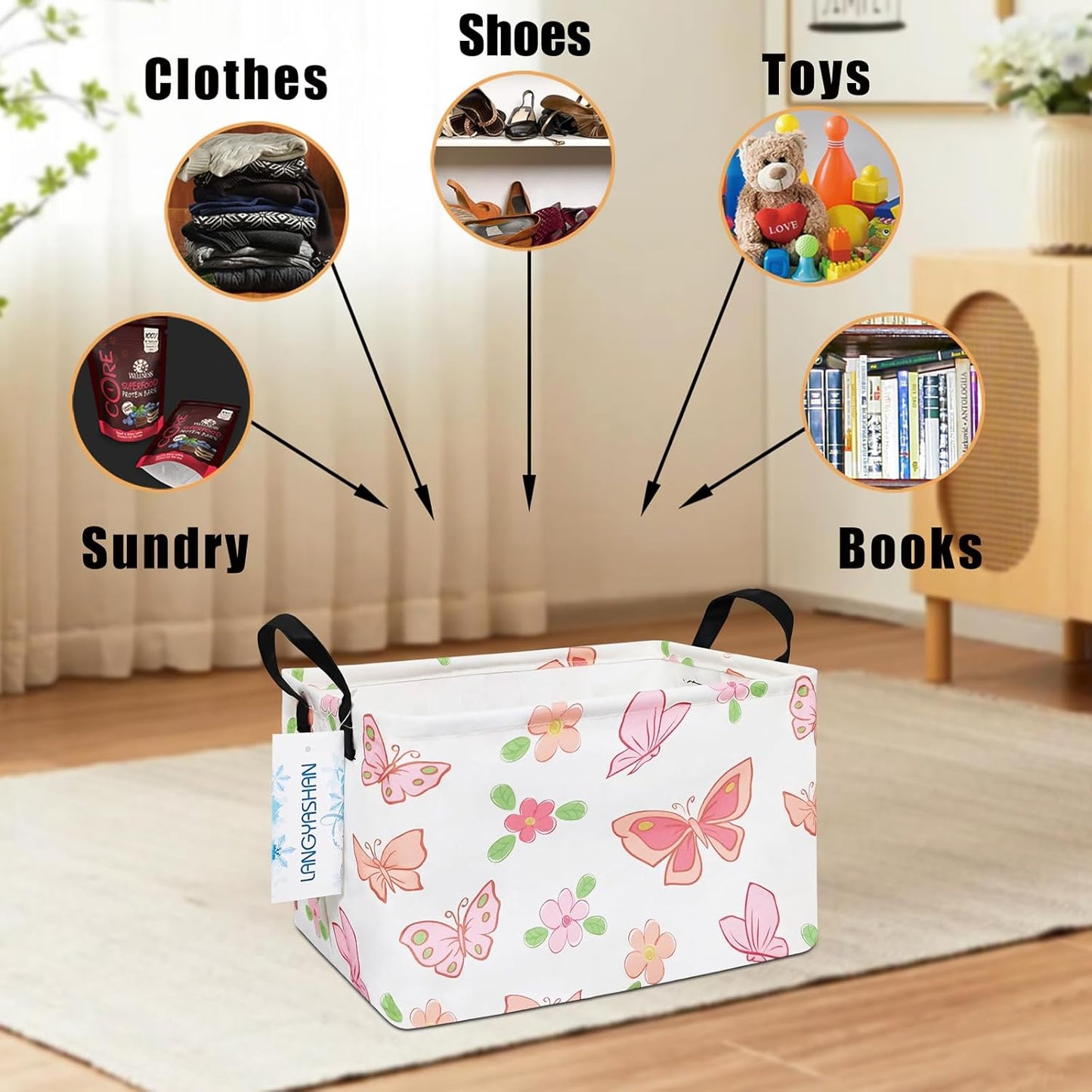 LANGYASHAN Rectangular Storage Bin Collapse Canvas Fabric Cartoon Storage Basket with Handles for Organizing Home Kitchen Boys and Girls Toys Office Closet Shelf Baskets (Rec Pink Butterfly)