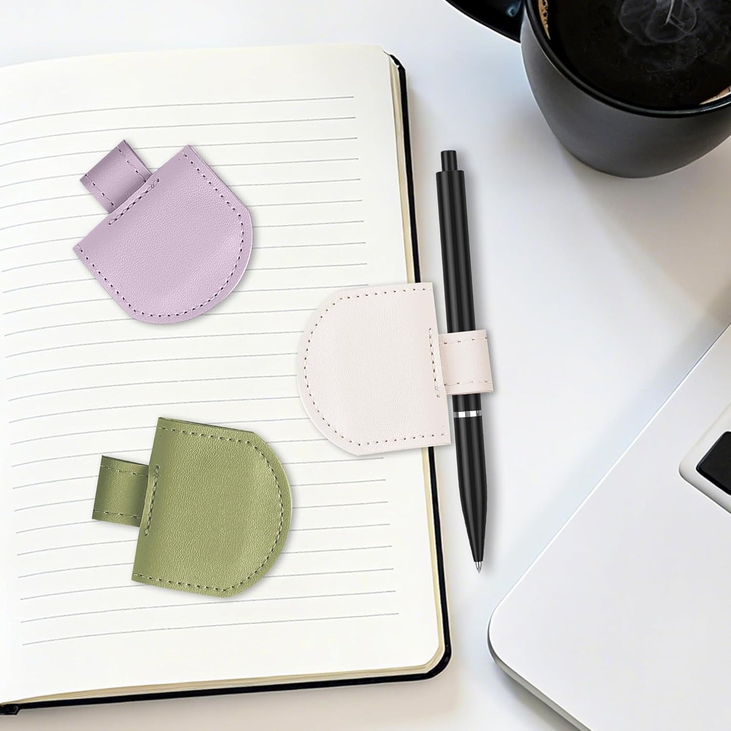 Magnetic Pen Loop Holder, Pencil Holder for Notebooks, Journals, Calendars, PU Leather 3 Pack