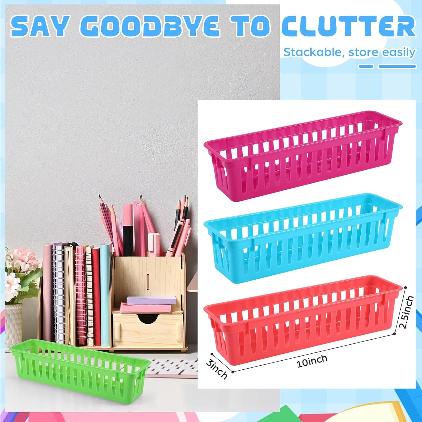 6 Pcs Colorful Slim Plastic Storage Baskets Tray 10 x 3 x 2.5 Inch Compact Stackable Desk Organizer for Office, Classroom, School Supplies, and Home Storage, Organization(Colorful)