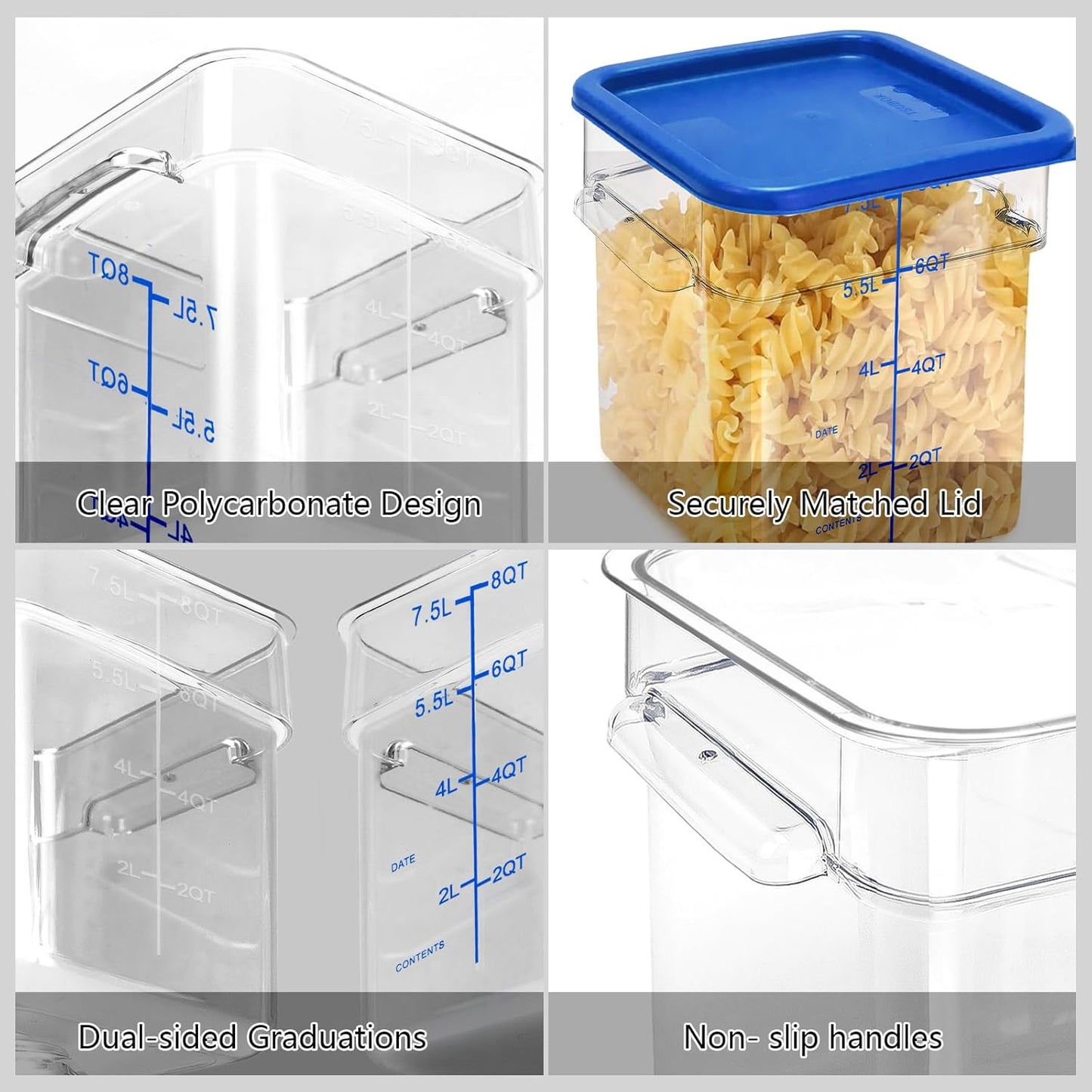 4 Pack Food Storage Containers with Blue Lids, 8.0 Qt - Square, Clear, Polycarbonate