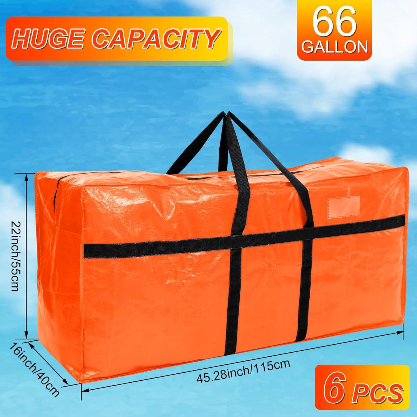 6 Pcs 66 Gallon Large Moving Bags with Zipper and Handles Foldable Storage Duffle Bags Heavy Duty Extra Large Totes for College Dorm Travel Clothes Blankets Bedding Moving (Orange)