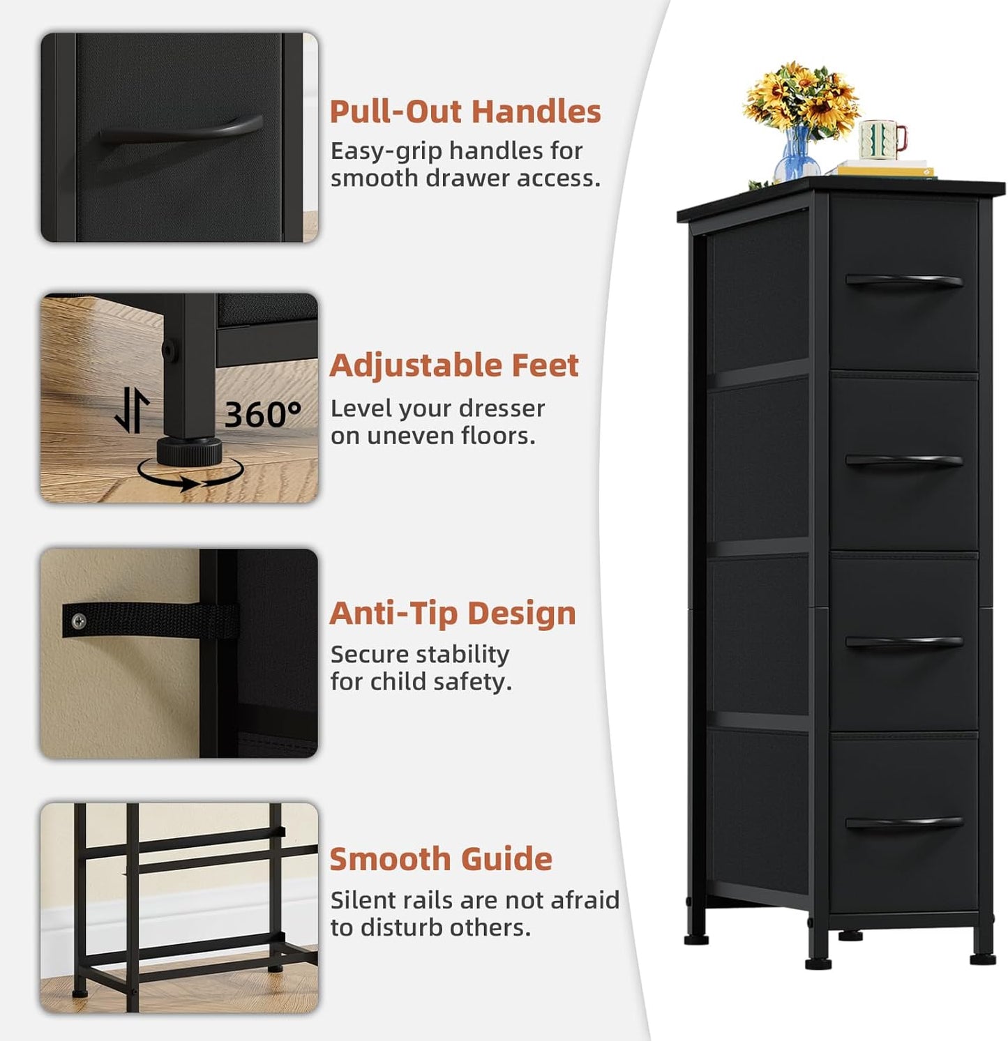 Somdot Narrow Dresser with 4 Drawers, Slim Storage Organizer Chest of Drawers with Removable Fabric Drawers for Small Spaces Bathroom Closet Bedroom Laundry, Black