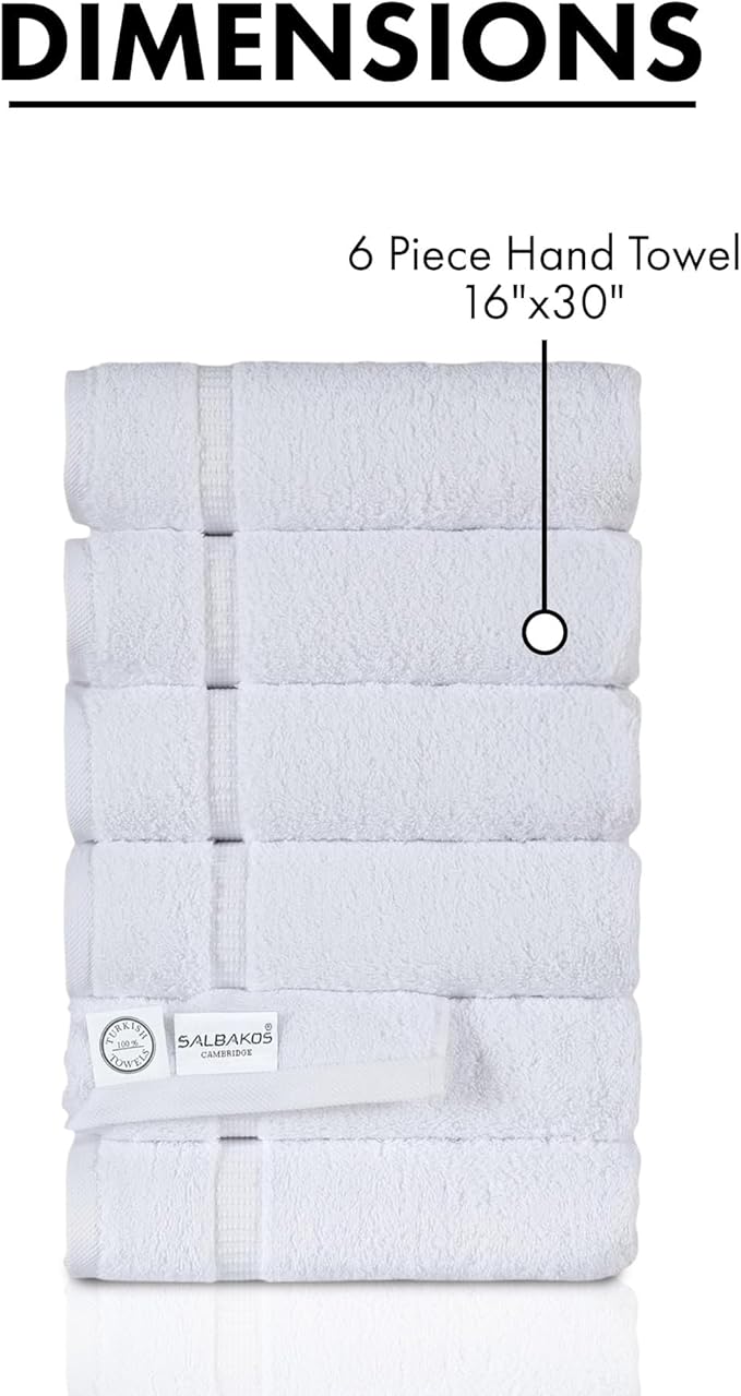 SALBAKOS 100% Turkish Cotton Hand Towel Set of 6 16x30 inch | Heirloom Quality | Hotel & Spa Collection | Ultra Soft, Super Absorbent, Long Lasting Hand Towels | Made in Turkey (White, 6 Hand Towels)