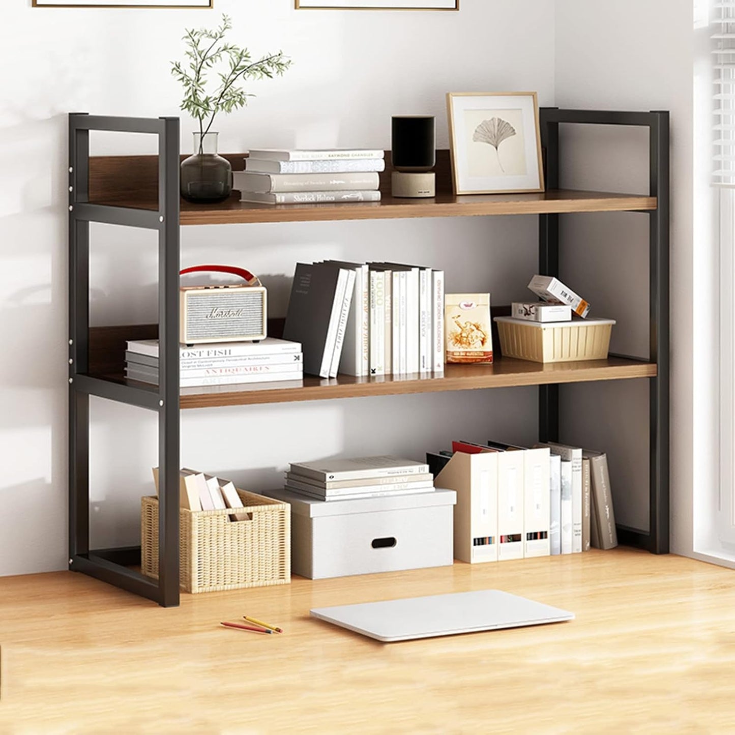 Desktop Bookcase for Computer Desk,2 Tier Adjustable Desk Bookshelf, Wood and Metal Printer Stand Office Supplies Organizers and Storage Display Shelf