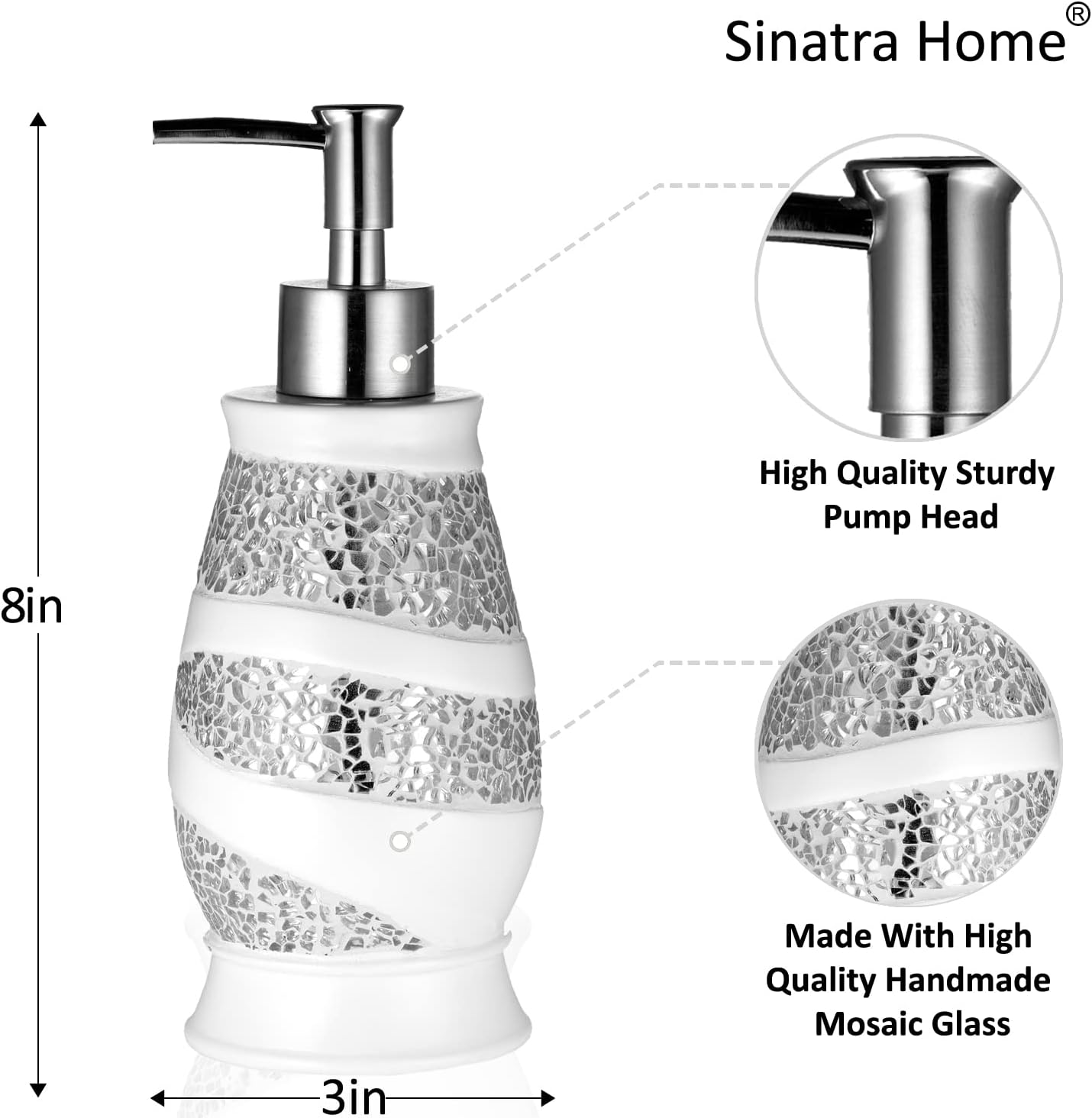 Zahari Home 4pc Sinatra Stylish Bathroom Accessories Set White Soap Dispenser, Tumbler, Tooth Brush Holder and Soap Dish Modern Classic Luxury Decor Bling Mosaic Glass White Bathroom Accessories