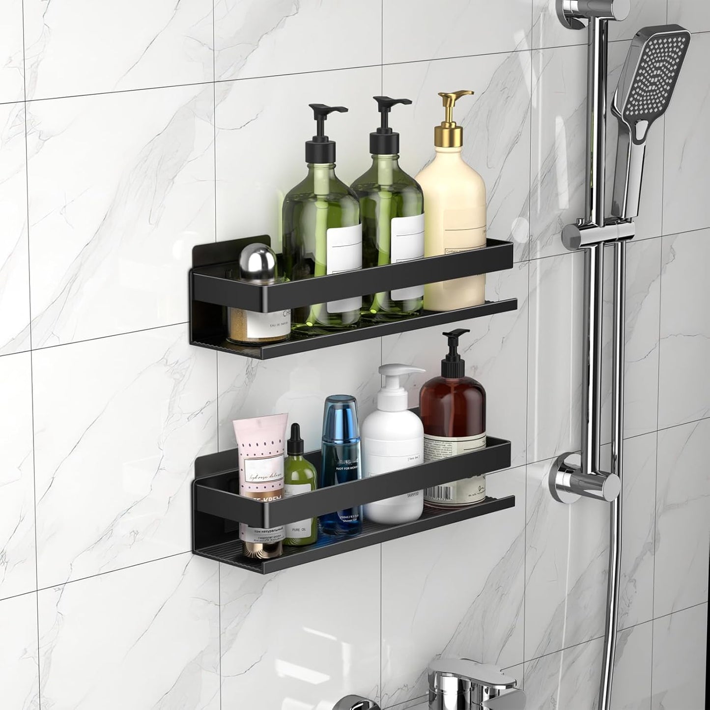 Aluminum Shower Rack 2-Pack 11.8in, Stick-on Bathroom Rack, Thickened and Sturdy Bathroom Storage Rack Wall-Mounted, no Punching and no Drilling Installation Methods(2 Layers 11.8in)