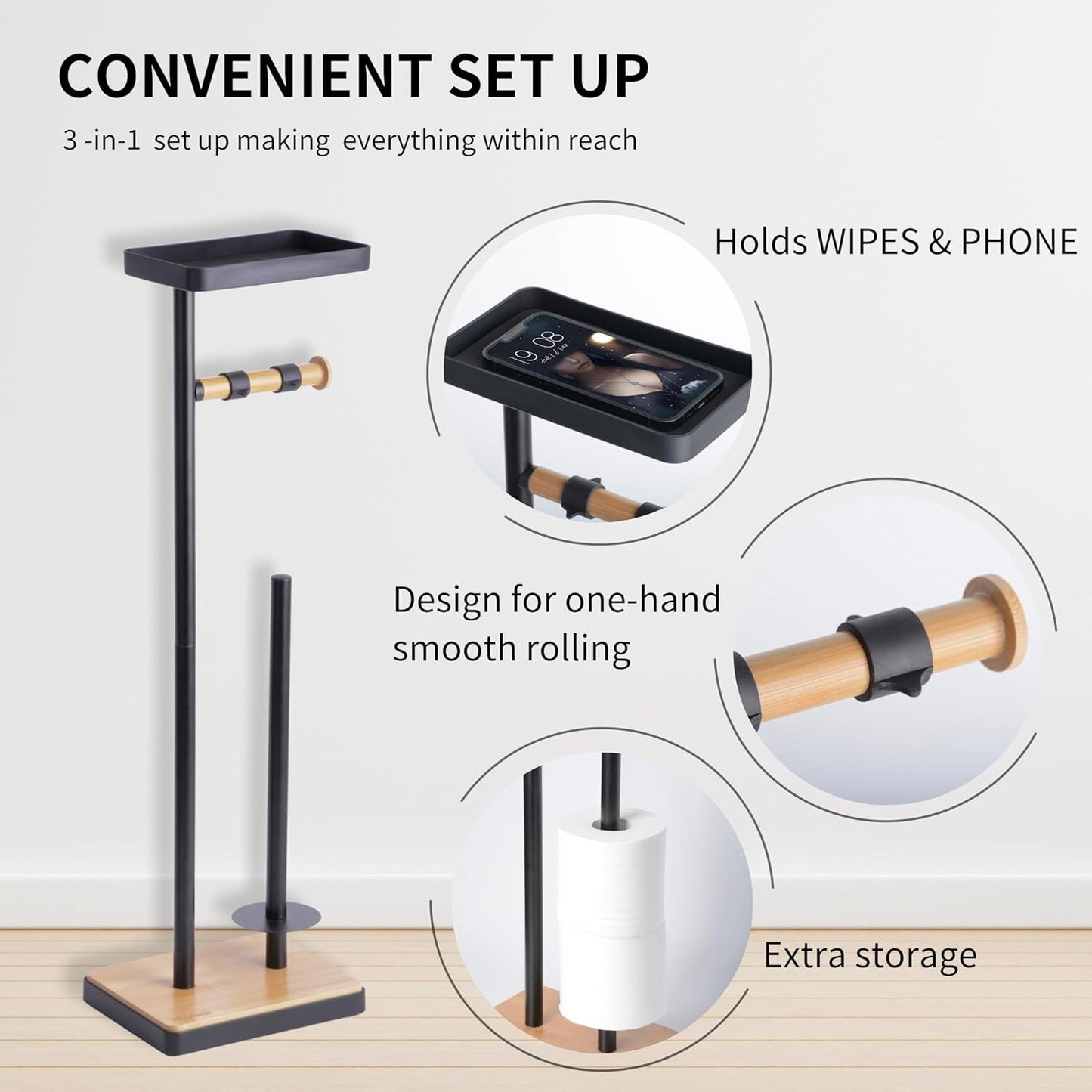 Toilet Paper Holder Stand, Free Standing Toilet Paper Holder with Storage and Top Shelf, Black Toilet Paper Stand Weighted Base with Bamboo Design for Bathroom
