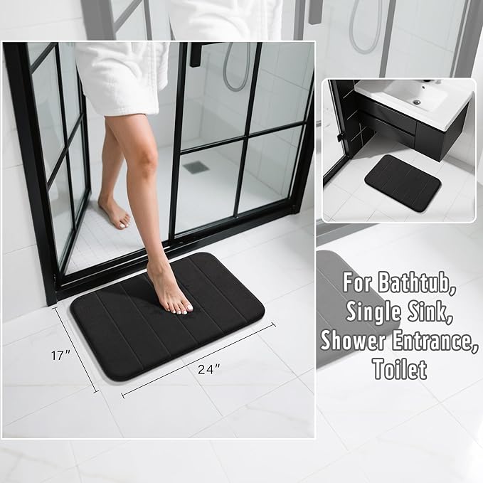 Yimobra Memory Foam Bath Mat, Super Soft Absorbent Bathroom Rug Non Slip, Quick Dry, Machine Washable Floor Carpet for Tub Shower, Home Decor Accessories, 24x17, Black
