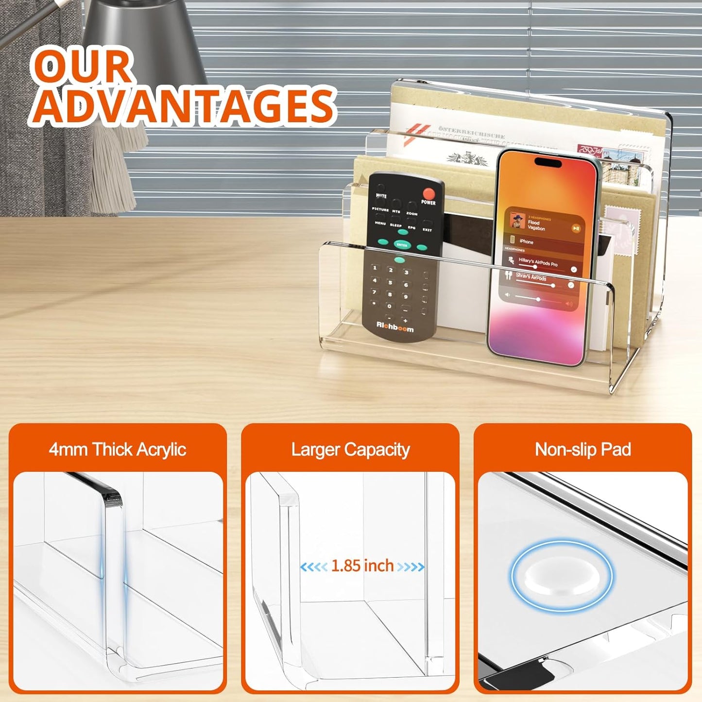 Richboom Acrylic File Sorter, 8.5"x6.3"x6.2", Upright File Organizer for Desk, Mail Organizer Countertop, File Holder for Letter, Document, Notebook, Clear, 3 Sections