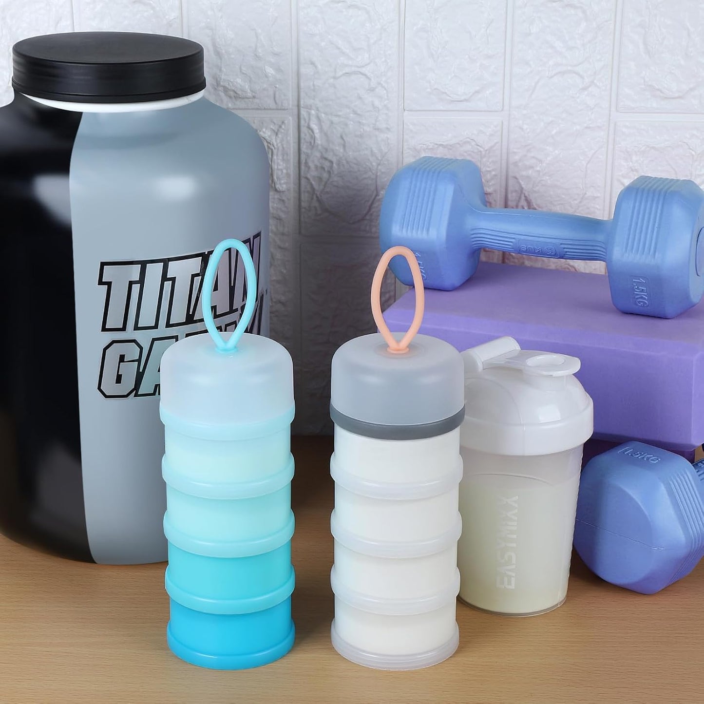 Accmor 2 Pcs Protein Powder Container to Go with Funnels Stand, 4 Compartments Stackable Protein Powder Dispenser for Workout, Fitness, Travel