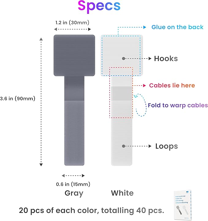 Hook and Loop Cable Ties, Self Adhesive Hook and Loop Cable Straps, Sticky-back Cord Organizer, Cable Clip, Household & Office Essentials, 40Pcs per Pack