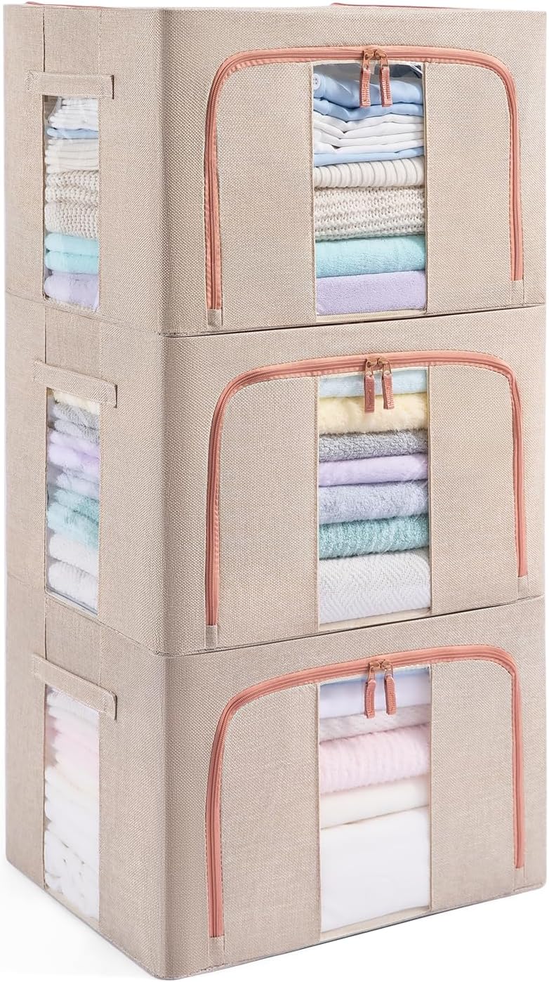 3 Pack 66L Stackable Clothes Storage Bins with Metal Frame Handles & Zipper, Collapsible Closet Organizer Box with Lid for Bedding Blankets Towel (Beige)