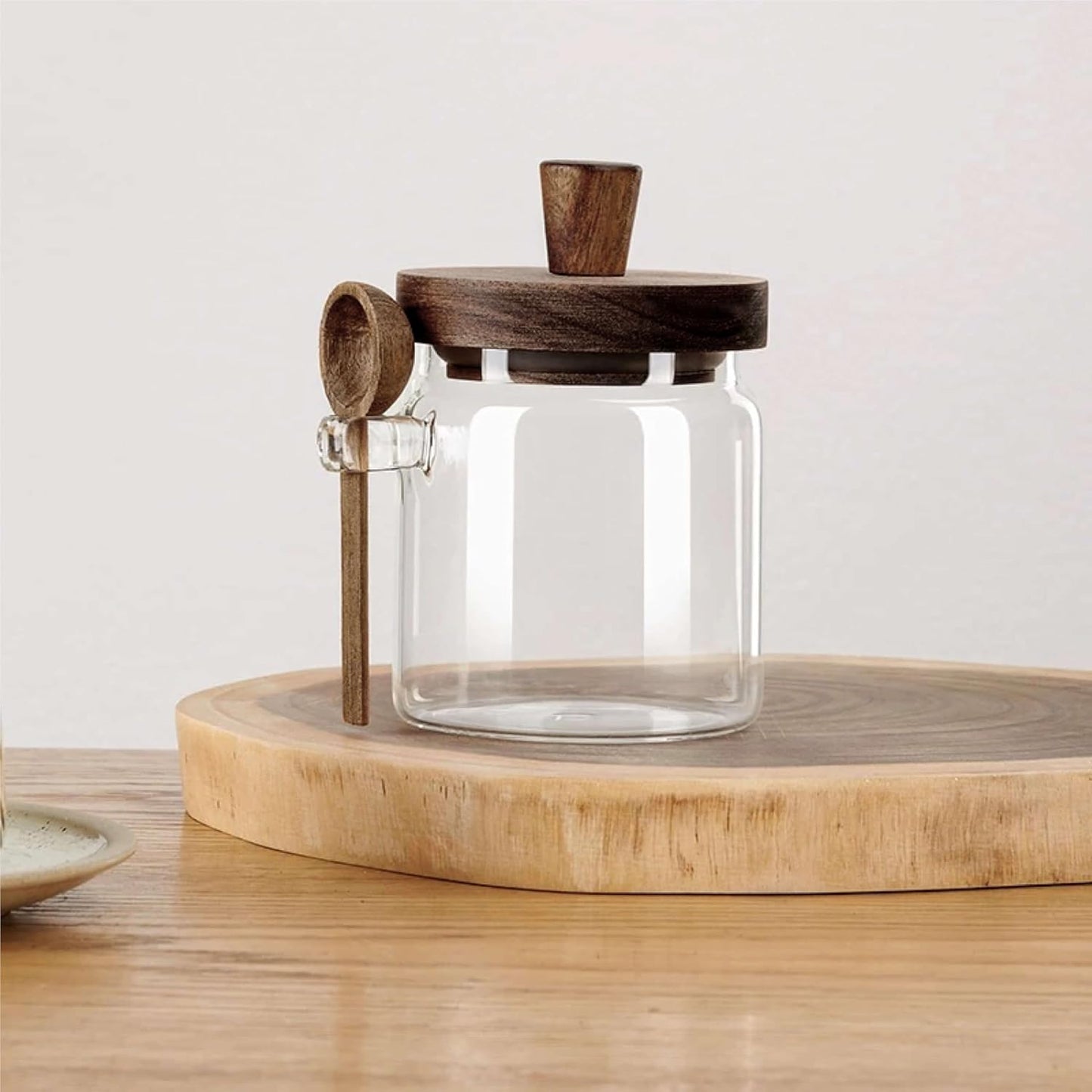 Glass Food Storage Jar with Acacia Wooden Lid and Spoon, Airtight Container for Cereals, Cookies, Snacks, Kitchen Canister Set (1 Pcs, Small/13.5oz)