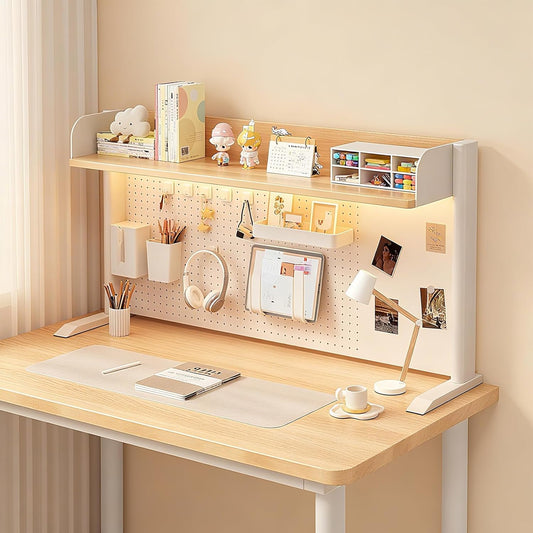 Desk Organizer Shelf for Standing Desk – Metal Frame Desk Hutch with Pegboard, Storage Shelf, and Hooks, Space-Saving Desktop Organizer for Home Office & Workstation yellow 31.5*9.3*24.8in