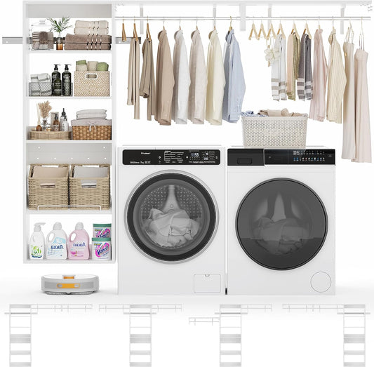 Unikito Over Washer and Dryer Storage Shelf, 8FT Wall Mounted Laundry Room Organizer, Space Saver Clothes Drying Rack with Hanger Rod, 6-Tier Heavy-Duty Closet System with Adjustable Shelves, White