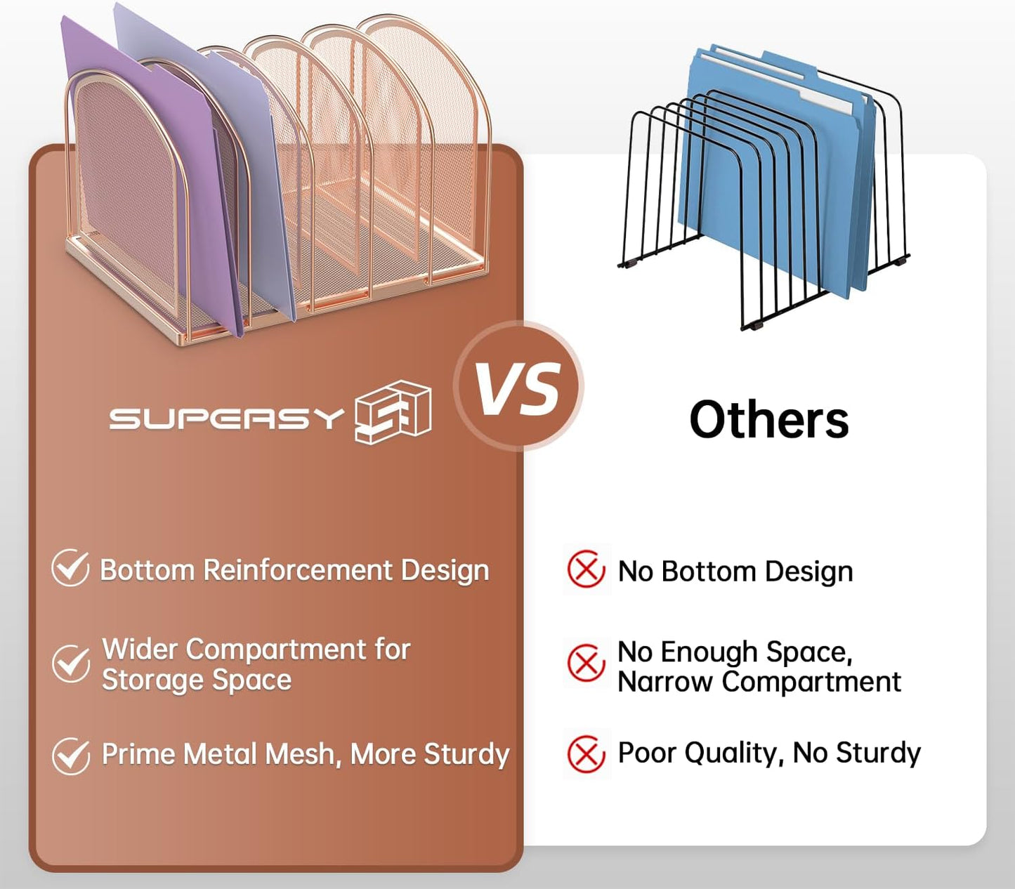 SUPEASY File Organizer for Desk, 5-Section Mesh Desk Organizer, Vertical File Holder Desktop Organizer File Sorter, File Folder Holder for Office Supplies, Rose Gold