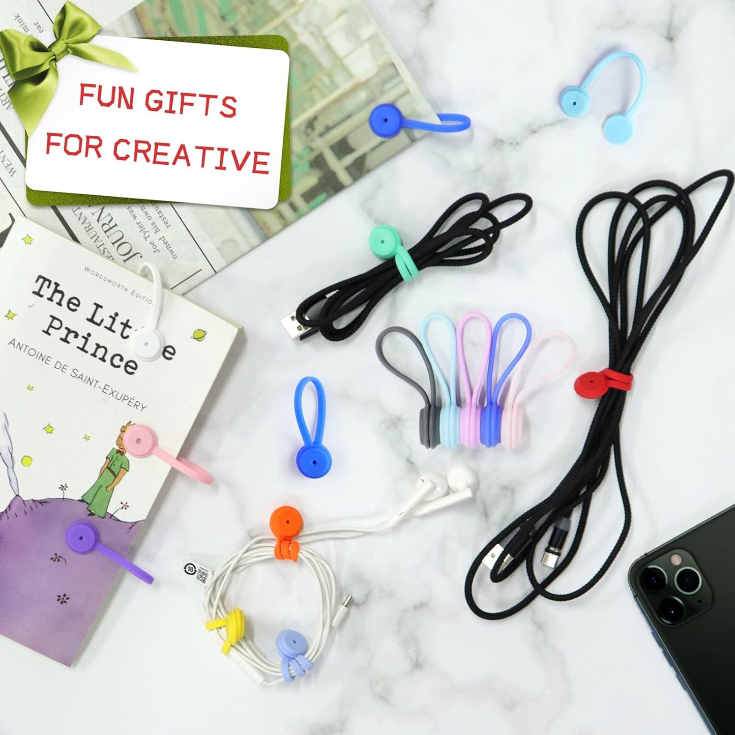 Motiloo 24 Pack Reusable Silicone Magnetic Cable Ties Strong Snap on Magnetic Cord Ties for Bundling and Organizing, Holding Stuff, Book Markers, Fridge Magnets