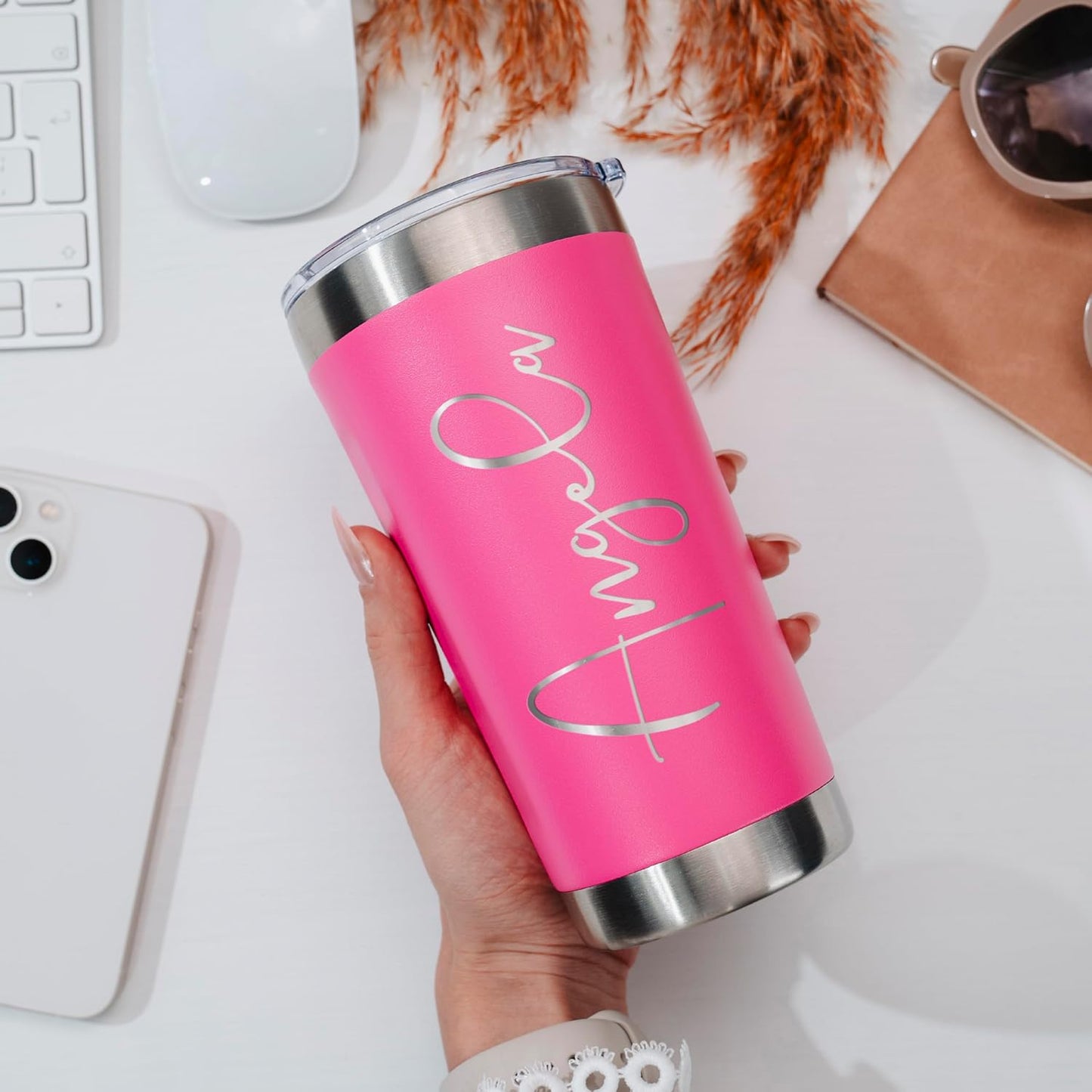 Personalized Tumbler with Engraved Name - 12 Designs, 30 Oz Coffee Tumbler with Slider Lid, Hot Pink, Double Wall Insulated - Gifts for Mom, Custom Gift for Women, Personalized Gift for Her